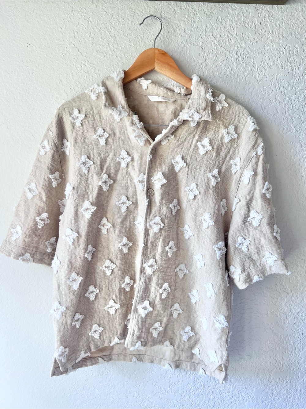 Zara Tan Textured Jacquard Button Down Shirt Sz M - Picture 2 of 6